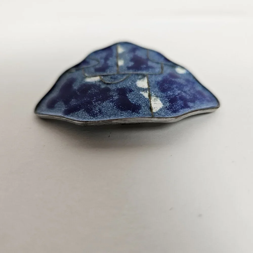 Abani Tie Blue‎ Enamel Clip On Pin Cloisonne Modernist MCM Art Jewelry Vtg Abana